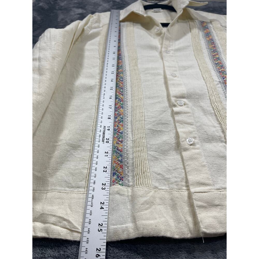 Vintage Mexican Guayabera Shirt Mens Medium 38 Off White Linen Embroidered - Picture 7 of 8